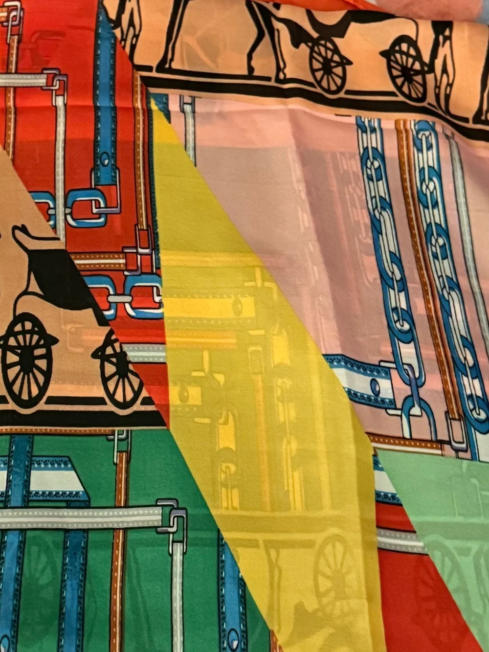 Luxury 100% silk long scarf, wrap Multicolor Patterned horse-carriage new